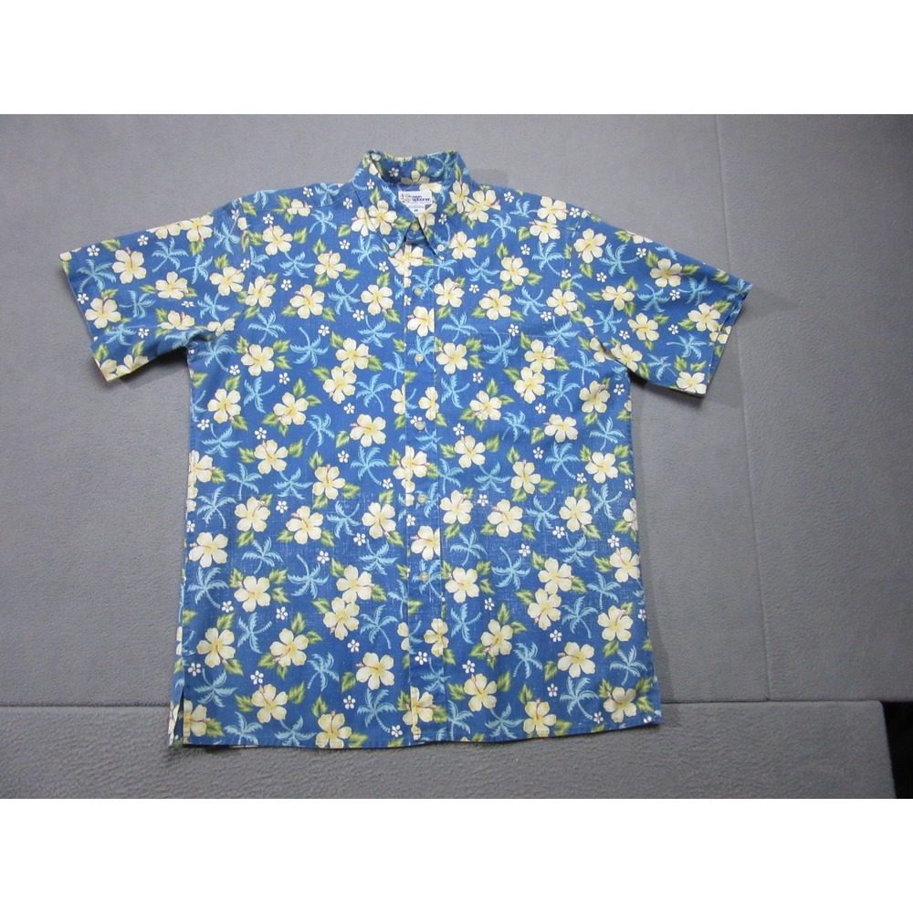 Reyn Spooner Shirt Mens Medium Blue Vintage Hibiscus Floral Palm Tree Aloha USA